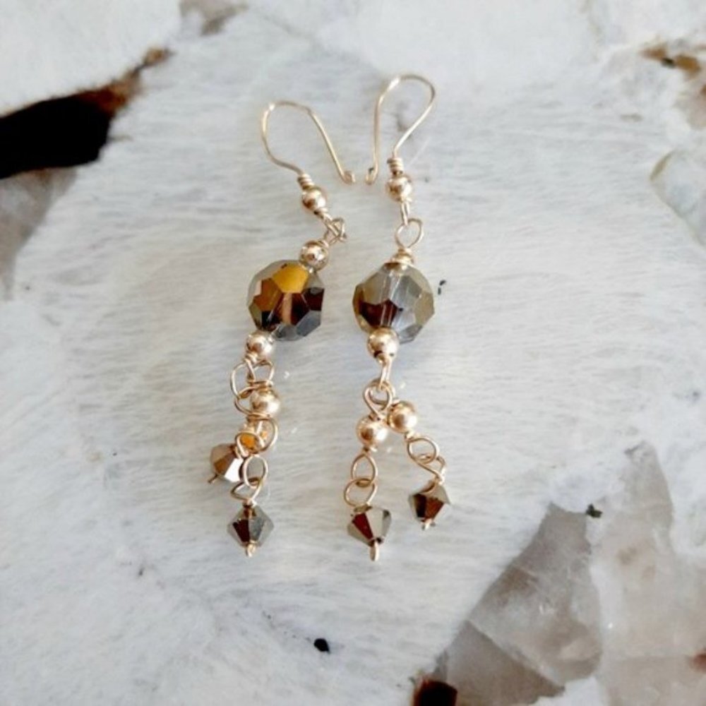 Beaded Chain Dangle Earrings Gold Tone Drop Handmade Faceted Sparkle Dainty